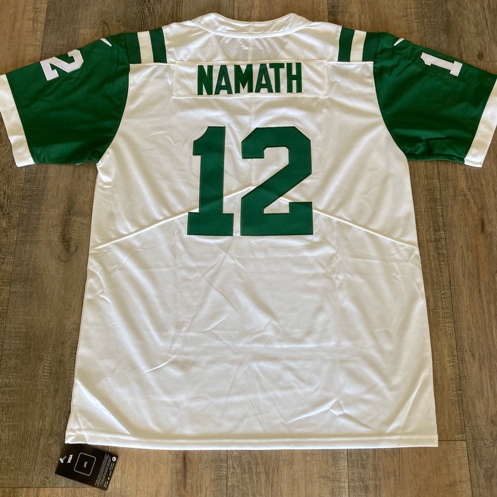 Nike Men’s White and Green Namath #12 Football Jersey
